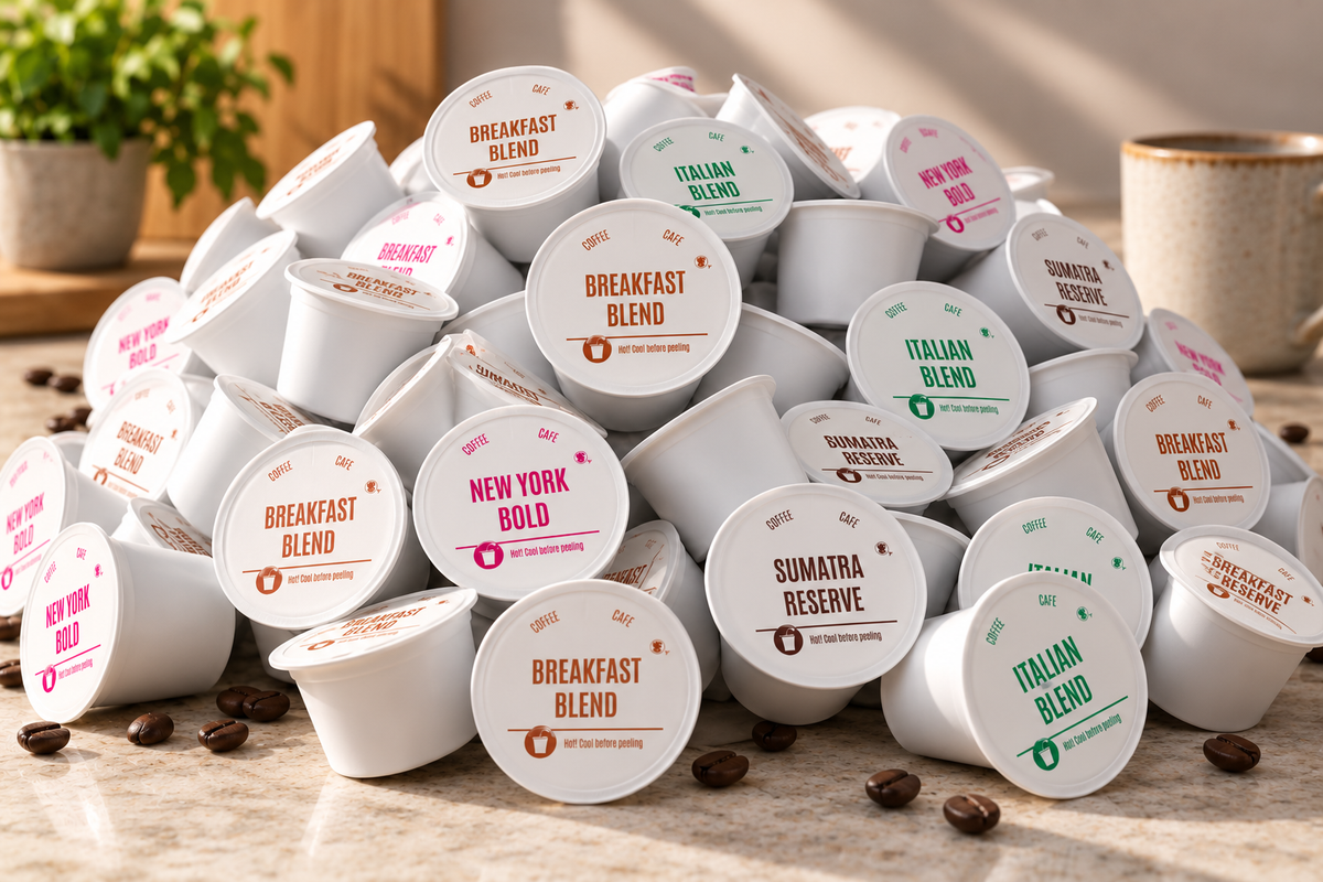 A stack of Keurig compatible coffee pods