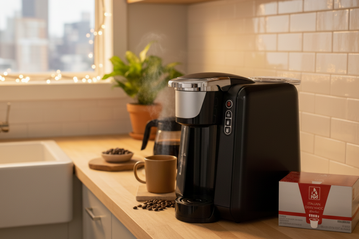 KPod Keurig compatible coffee machine on a kitchen counter.